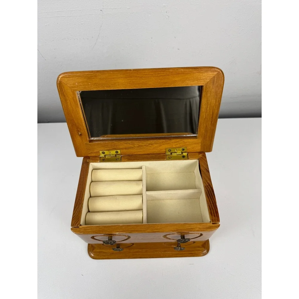 Vtg Wooden Jewelry Box Heart Carved Oak Finish Mirror Ring Storage Organizer